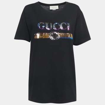 Pre Owned Gucci Black Cotton Logo Sequin Detailed Half Sleeve T-Shirt S
