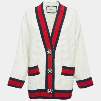 Pre Owned Gucci Off White Tweed Web Stripe Detail Buttoned Jacket S
