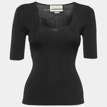 Pre Owned Gucci Black Jersey Logo Detailed Neck Short Sleeve T-Shirt XS
