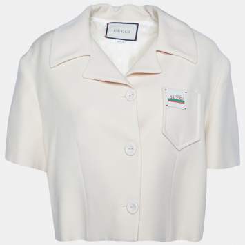 Pre Owned Gucci Cream Silk & Wool Logo Patch Crop Jacket L