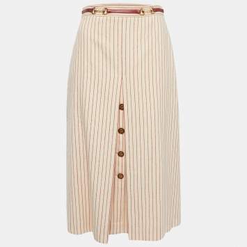Pre Owned Gucci Beige Striped Wool Horsebit Belt Detailed Midi Skirt S