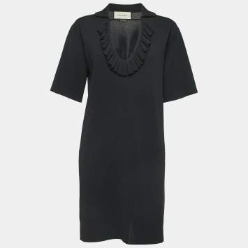 Pre Owned Gucci Black Jersey Ruffled Neck Belt Detail A-Line Mini Dress M