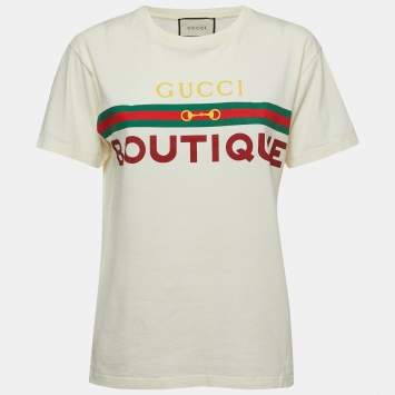 Pre Owned Gucci Cream Logo Print Cotton Short Sleeve T-Shirt XXS
