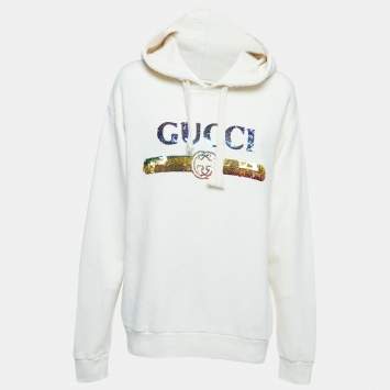 Pre Owned Gucci White Cotton Sequin-Embellished Logo Hoodie S