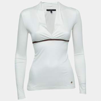Pre Owned Gucci White Modal Web Stripe Detailed Long Sleeve Top XS