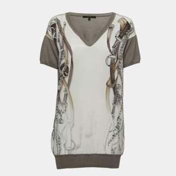 Pre Owned Gucci Brown Logo Chain Print Silk V-Neck Top S