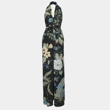 Pre Owned Gucci Black Floral Print Silk Halter Neck Slit Detail Maxi Dress S