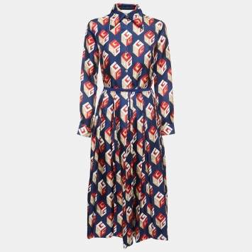 مملوكة مسبقًا Gucci Navy Blue/Red Logo Motif Print Silk Shirt Skirt Set S