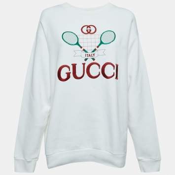 Pre Owned Gucci White Logo Embroidered Cotton Crew Neck Sweatshirt M