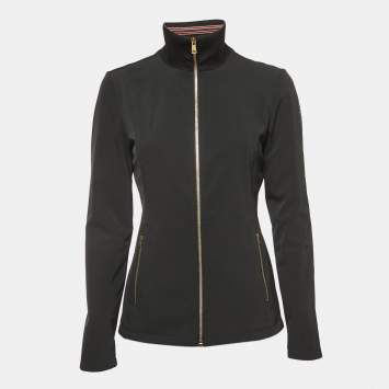 Pre Owned Gucci Black Synthetic Web Detailed Collar Zip Front Jacket S
