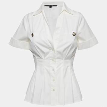 Pre Owned Gucci White Cotton Button Front Pleated Half Sleeve Shirt S