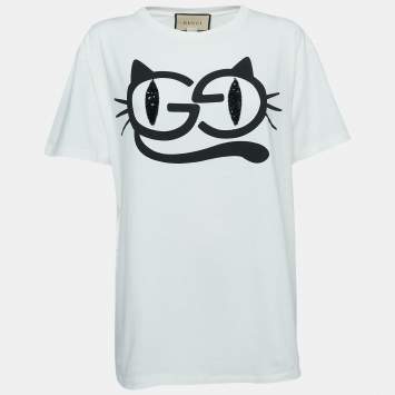 مملوكة مسبقًا Gucci Off White Cat Eyes Print Cotton Embellished Half Sleeve T-Shirt M