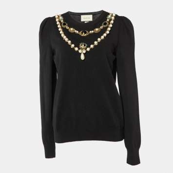 Pre Owned Gucci Black Wool Embellished Chain Sweater Top XL