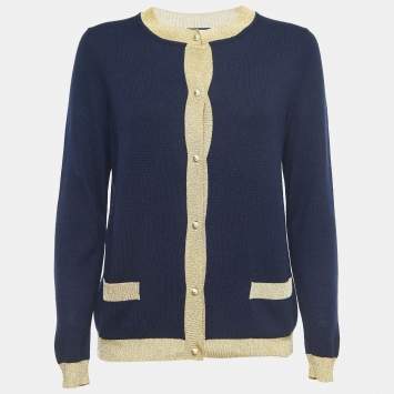 Pre Owned Gucci Navy Blue/Metallic Cashmere Buttoned Cardigan M