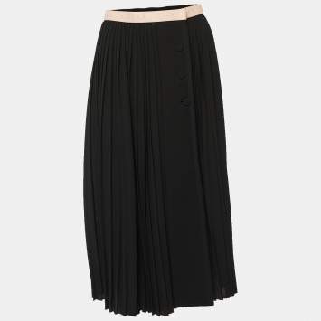 Pre Owned Gucci Black Plisse Crepe Contrast Waist Band Detail Midi Skirt M