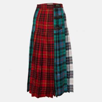 Pre Owned Gucci Multicolor Plaided Wool Leather Trim Pleated Midi Skirt S