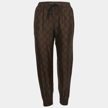 Pre Owned Gucci Brown Logo Print Silk Side Stripe Detailed Drawstring Joggers XS