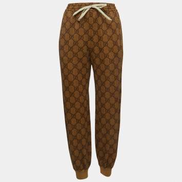 Pre Owned Gucci Brown Logo Print Knit Drawstring Joggers XS