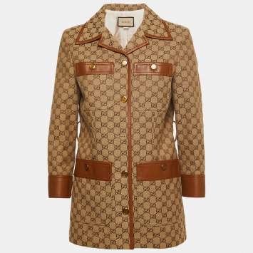 Pre Owned Gucci Brown/Beige GG Canvas Leather Detailed Jacket S