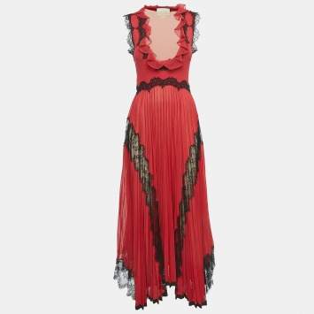 Pre Owned Gucci Red Lurex Knit Lace Trimmed Sleeveless Long Dress S