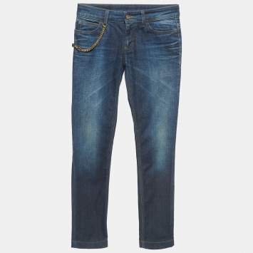 Pre Owned Gucci Dark Blue Washed Denim Chain Detailed Leggings XS