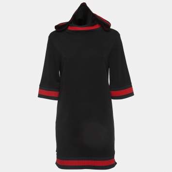Pre Owned Gucci Black Jersey Web Trimmed Hooded Dress S