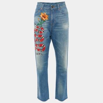 Pre Owned Gucci Blue Floral Snake Embroidered Denim Boyfriend Fit Jeans S/Waist 32"