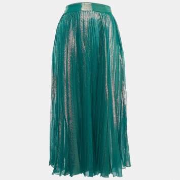 Pre Owned Gucci Metallic Green Pleated Silk Blend Midi Skirt S