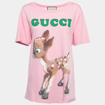 مملوكة مسبقًا Gucci Pink Logo Deer Print Cotton Half Sleeve T-Shirt S