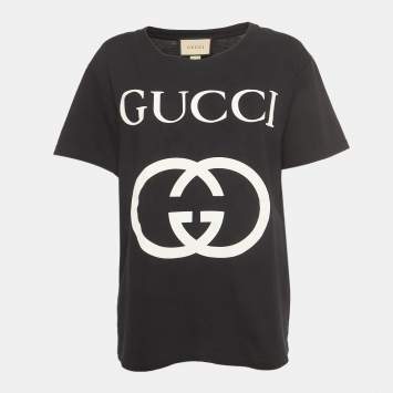 Pre Owned Gucci Black Logo Print cotton Half Sleeve Oversized T-Shirt S