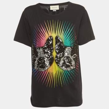 Pre Owned Gucci Black Cotton Sequined Dog Print T-Shirt XS