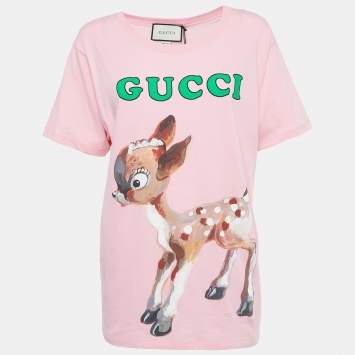Pre Owned Gucci Pink Deer Logo Print Cotton T-Shirt S