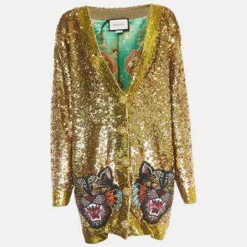 Pre Owned Gucci Gold Sequined Wild Cat Applique Reversible Cardigan L