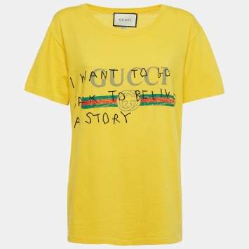 مملوكة مسبقًا Gucci Yellow Distressed Cotton Graffiti Logo Print T-Shirt XS