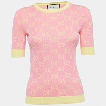 Gucci Pink/Yellow Logo Jacquard Knit Top XXS