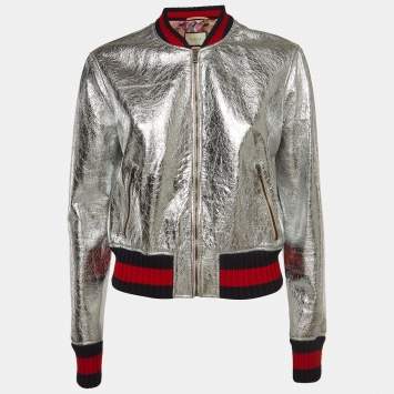 Pre Owned Gucci Silver Metallic Crinkle Leather Bomber Jacket L