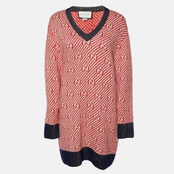 Pre Owned Gucci Red GG Striped Lurex Wool Knit Oversized Sweater S