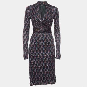 Pre Owned Gucci Black Floral Print Jersey Wrap Dress M