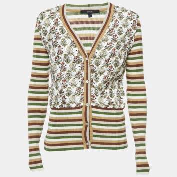Pre Owned Gucci Multicolor Print Silk and Wool Knit Buttoned Cardigan L