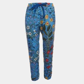 Pre Owned Gucci Blue Floral Print Jersey Side Stripe Joggers S