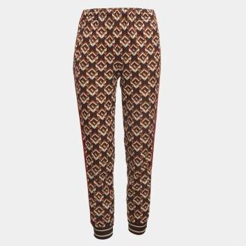 Pre Owned Gucci Brown Geometric G Print Jersey Side Stripe Joggers XS