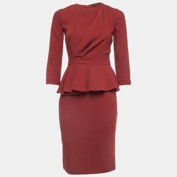 Pre Owned Gucci Red Wool Pleated Peplum Midi Dress S