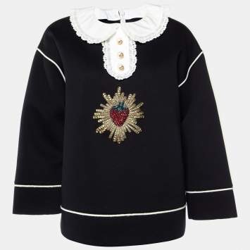 Pre Owned Gucci Black Strawberry Embellished Fleece Cotton Long Sleeve Top M