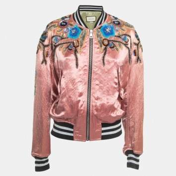 Pre Owned Gucci Pink  Floral Sequin Embroidered Satin Bomber Jacket M