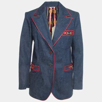 مملوكة مسبقًا Gucci Blue Leather Trimmed Denim Single Breasted Blazer M