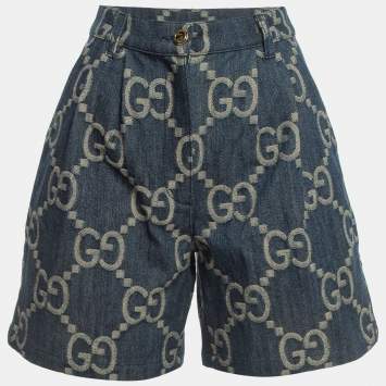 Pre Owned Gucci Dark Blue Jumbo GG Patterned Denim Pleated Shorts S