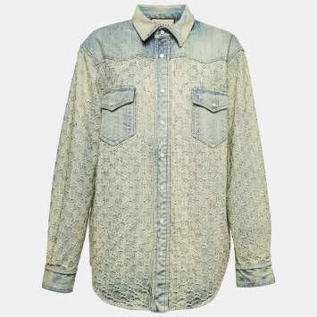 Pre Owned Gucci Blue GG Jacquard Washed Denim Crystal Embellished Shirt XL