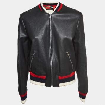 Pre Owned Gucci Black Blind For Love Embroidered Leather Bomber Jacket L