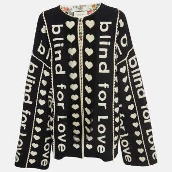 Pre Owned Gucci Black 'Blind for Love' Jacquard Knit Oversized Coat One Size