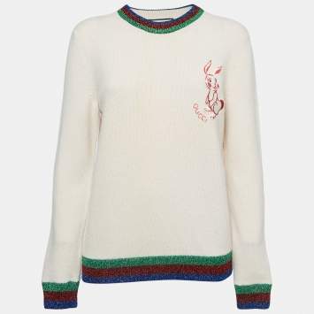Pre Owned Gucci Pink Rabbit Applique Tubular Knit Shimmer Detail Sweater L